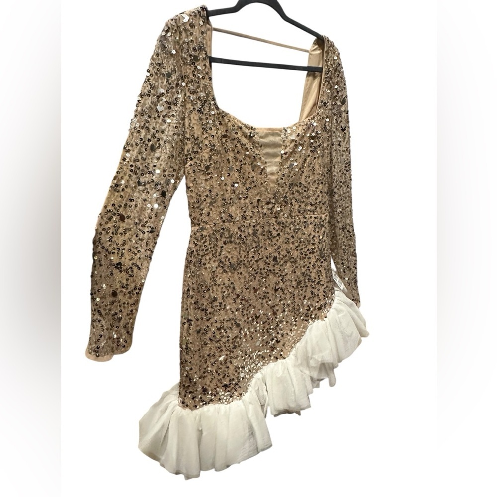 Asos Luxe Sequin Long Sleeve Nude gold sequin white tulle hem dress size 14 - Picture 5 of 12